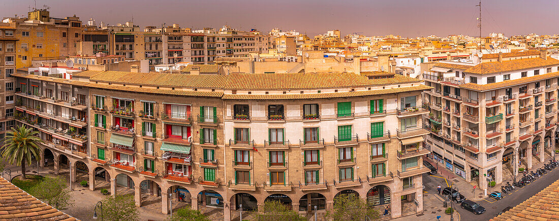 Blick auf Straße und Dächer von erhöhter Position aus, Palma de Mallorca, Mallorca, Balearen, Spanien, Mittelmeer, Europa