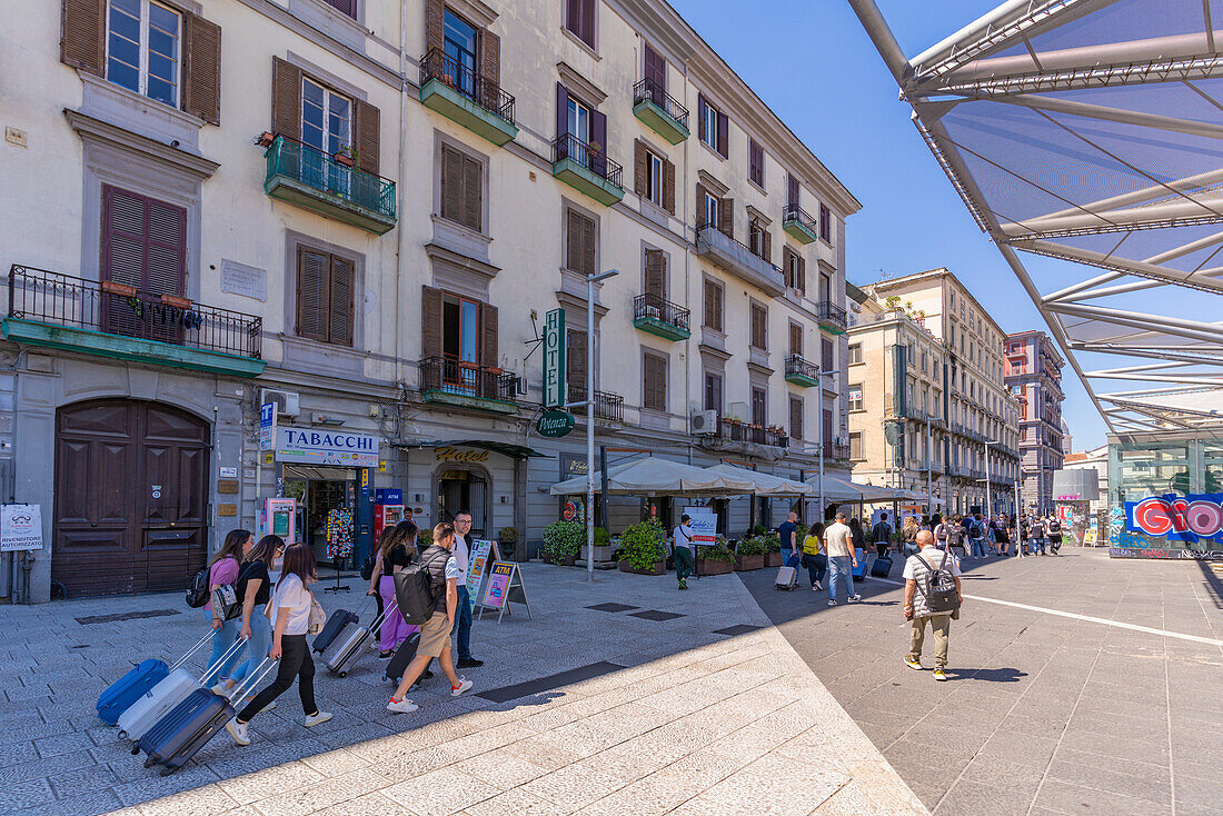 View of commuters, shops and restaurants in Piazza Garibaldi, Naples, Campania, Italy, Europe