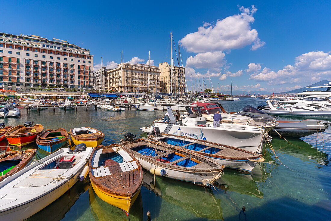 View of boats in harbour, restaurants from Ovo Castle, Naples, Campania, Italy, Europe