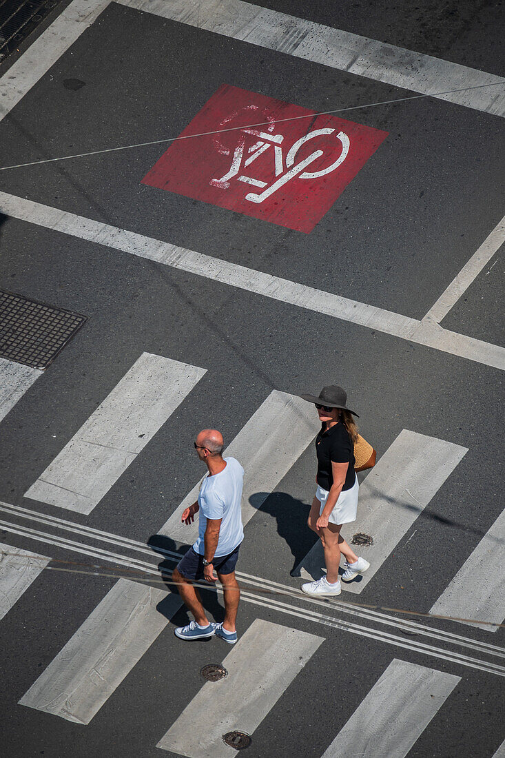 Pedestrians crossing the street, view from above, Prague, Czech Republic