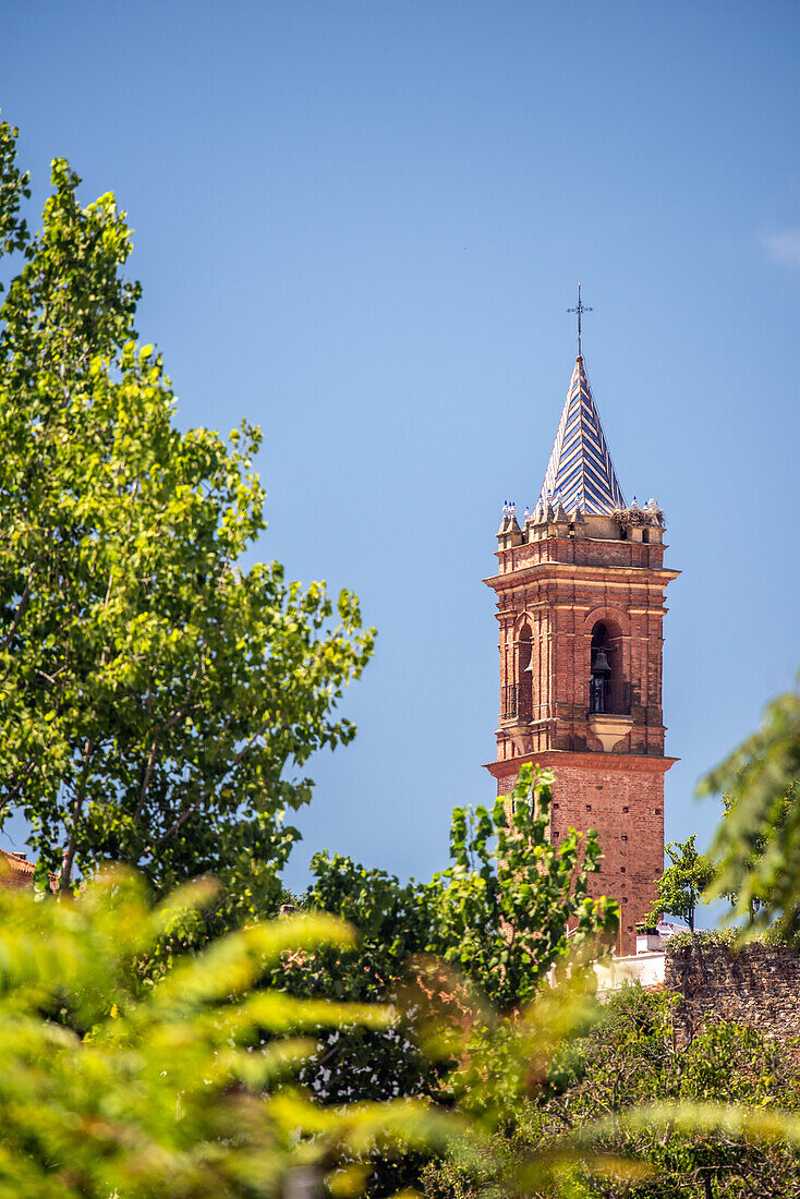 Dieses Bild zeigt den Torre de la iglesia del Espiritu Santo in Fuenteheridos, Huelva, Andalusien. Wunderschöne historische Architektur, umgeben von üppigem Grün unter einem klaren blauen Himmel.