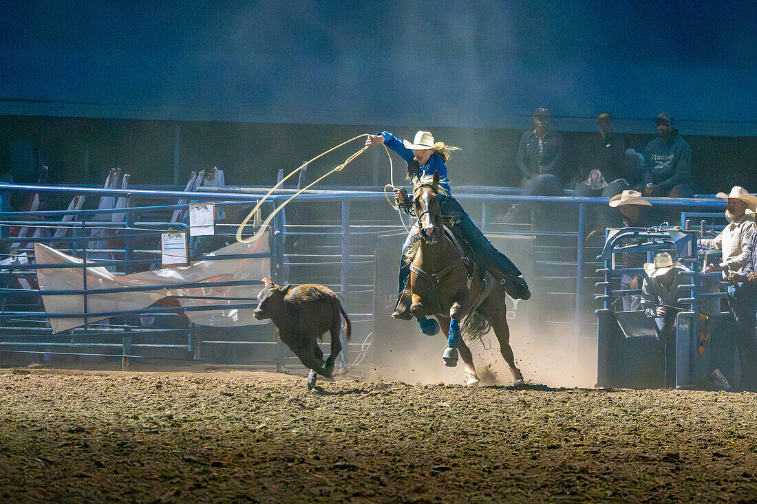 A cowgirl competing in the breakaway roping event chases a calf in a rodeo in Utah.