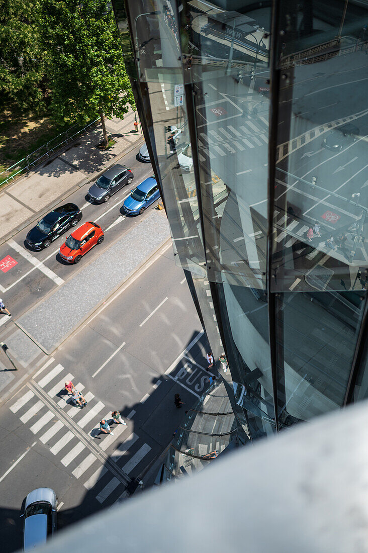 Rooftop bar with a view at The Dancing House, or Ginger and Fred (Tancící dum), is the nickname given to the Nationale-Nederlanden building on the Rašínovo nábreží in Prague, Czech Republic.