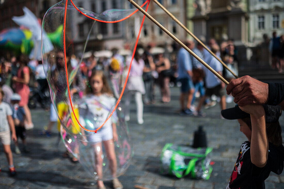 Parade of puppets from Marián Square to Old Town Square during the Prague Street Theatre Festival Behind the Door, Prague, Czech Republic