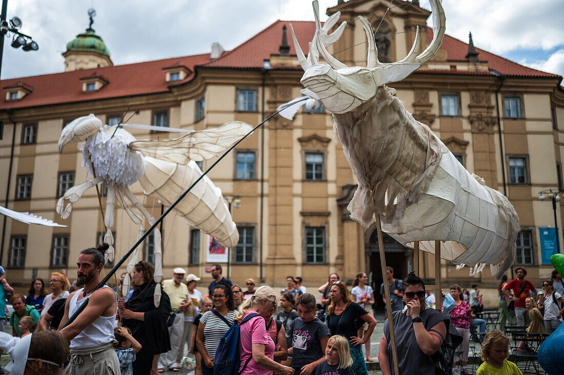 Parade of puppets from Marián Square to Old Town Square during the Prague Street Theatre Festival Behind the Door, Prague, Czech Republic