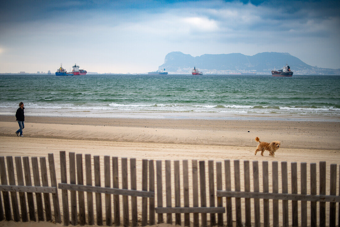 Blick auf den Strand von El Rinconcillo in Algeciras, Spanien, mit Gibraltar im Hintergrund. Eine Person und ein Hund gehen am Sandstrand spazieren.