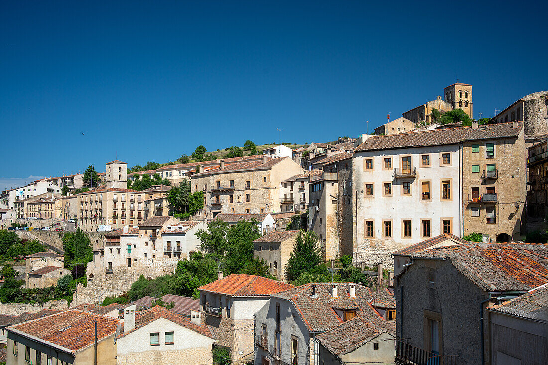 Picturesque landscape of Sepulveda town in Segovia, Spain. Historic buildings and charming architecture under a clear blue sky.