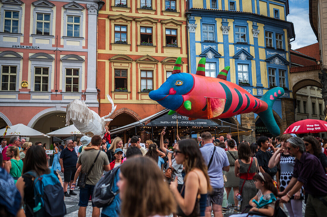 Parade of puppets from Marián Square to Old Town Square during the Prague Street Theatre Festival Behind the Door, Prague, Czech Republic