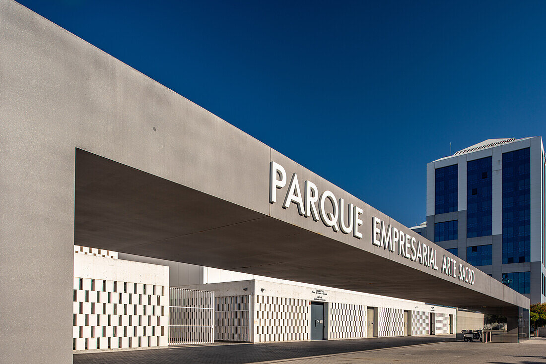 Modern business park architecture in Seville, Andalucia, Spain. Showcasing sleek design and urban development.