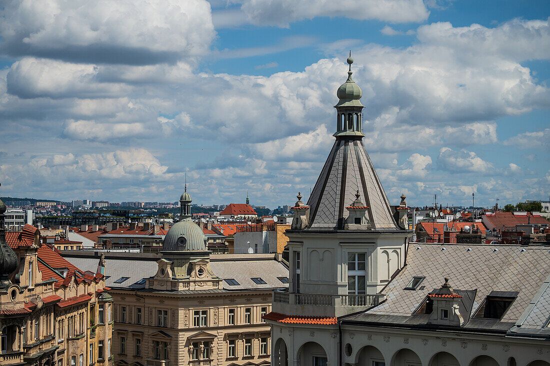 View of the city from the rooftop bar at The Dancing House, or Ginger and Fred (Tancící dum), is the nickname given to the Nationale-Nederlanden building on the Rašínovo nábreží in Prague, Czech Republic