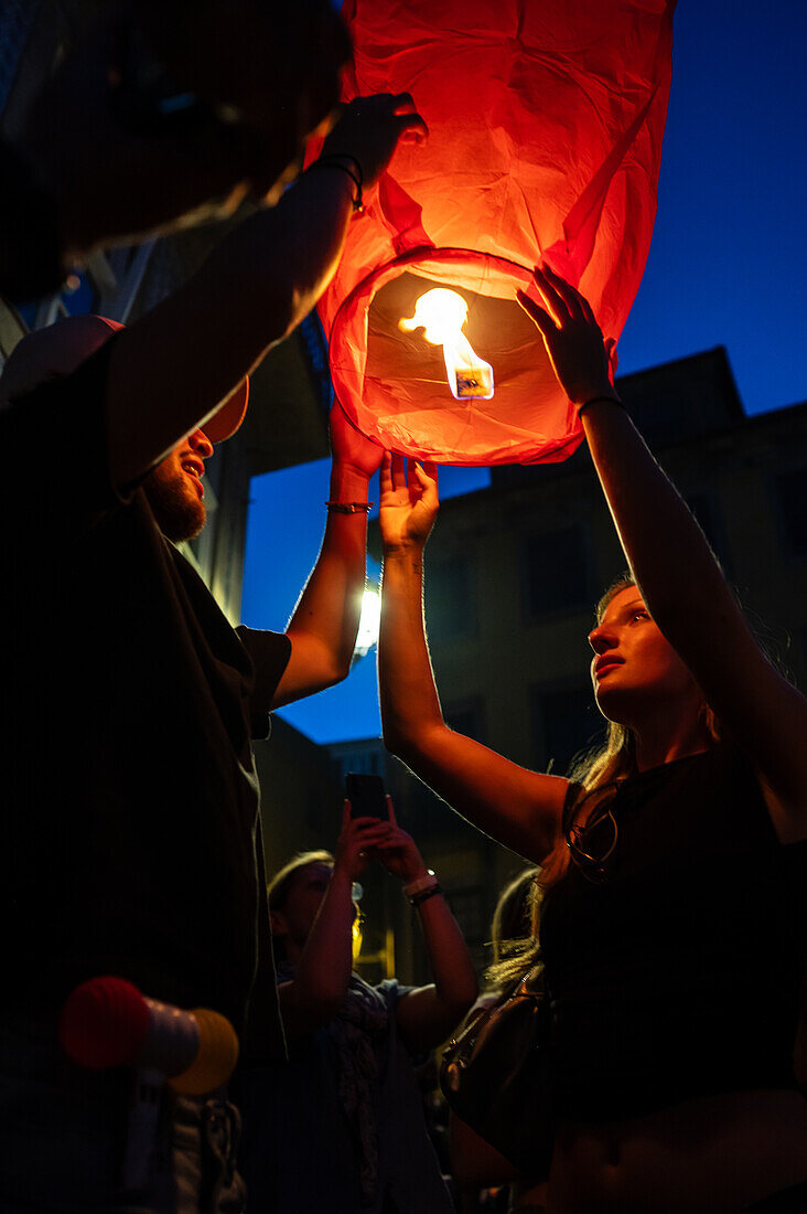 Hot air balloons launching during Festival of St John of Porto (Festa de São João do Porto ) during Midsummer, on the night of 23 June (Saint John's Eve), in the city of Porto, Portugal