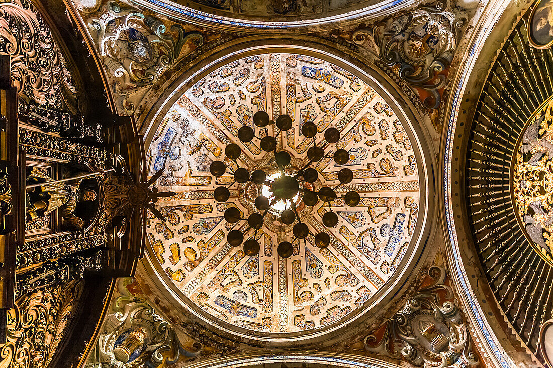 Beautiful intricate ceiling of Iglesia de la O in Sanlucar de Barrameda, showcasing Baroque architectural details in Cadiz province, Andalusia, Spain.