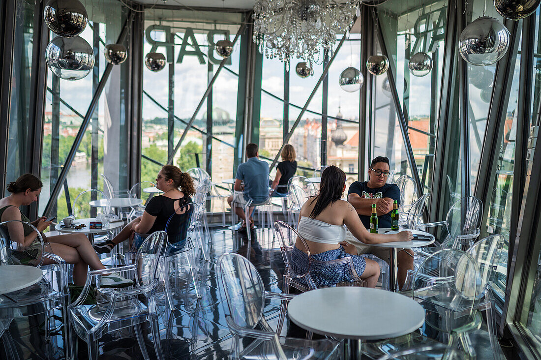 Rooftop bar with a view at The Dancing House, or Ginger and Fred (Tancící dum), is the nickname given to the Nationale-Nederlanden building on the Rašínovo nábreží in Prague, Czech Republic.