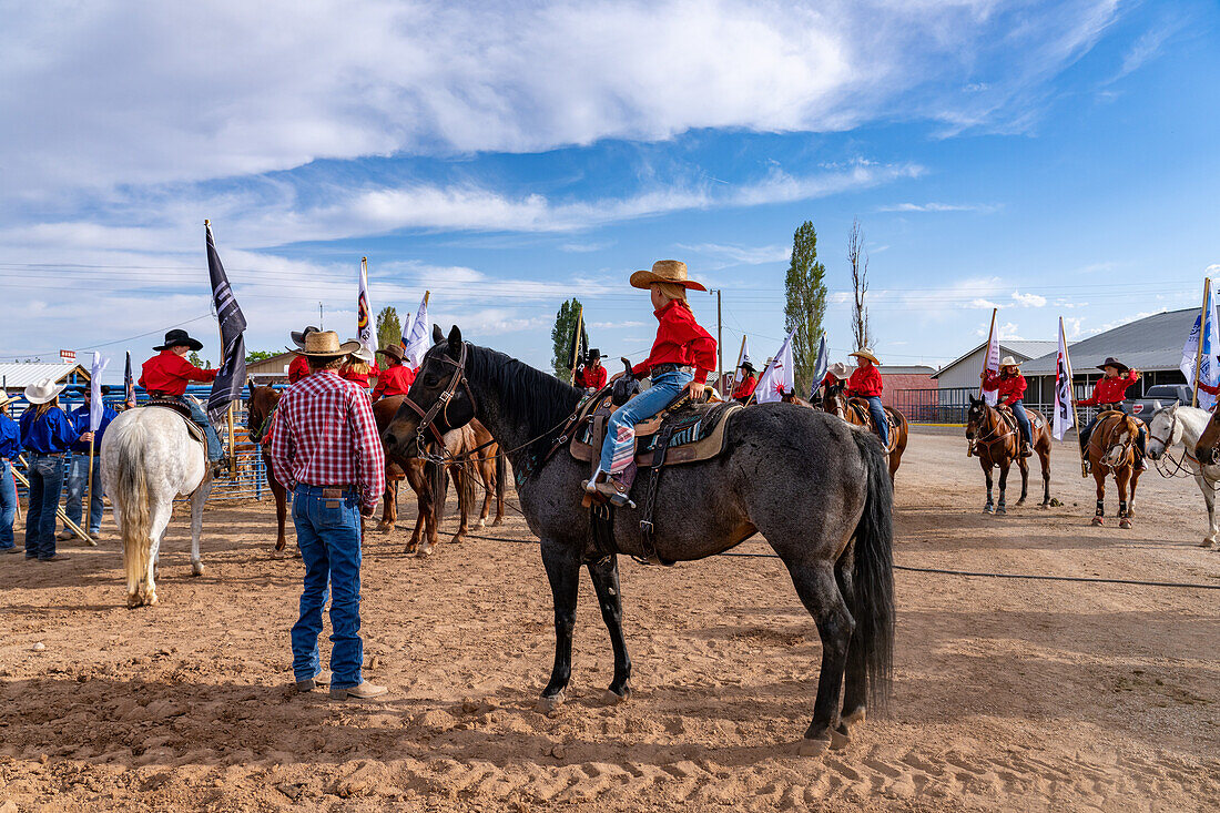 Young cowboys & cowgirls form up before the Grand Entry at a rodeo in a small rural Utah town.