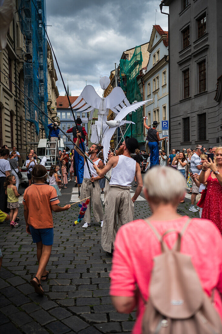 Parade of puppets from Marián Square to Old Town Square during the Prague Street Theatre Festival Behind the Door, Prague, Czech Republic