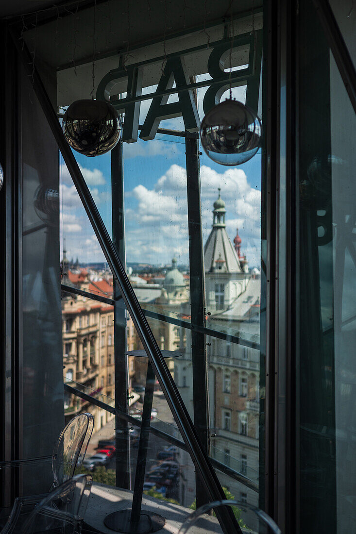 Rooftop bar with a view at The Dancing House, or Ginger and Fred (Tancící dum), is the nickname given to the Nationale-Nederlanden building on the Rašínovo nábreží in Prague, Czech Republic.