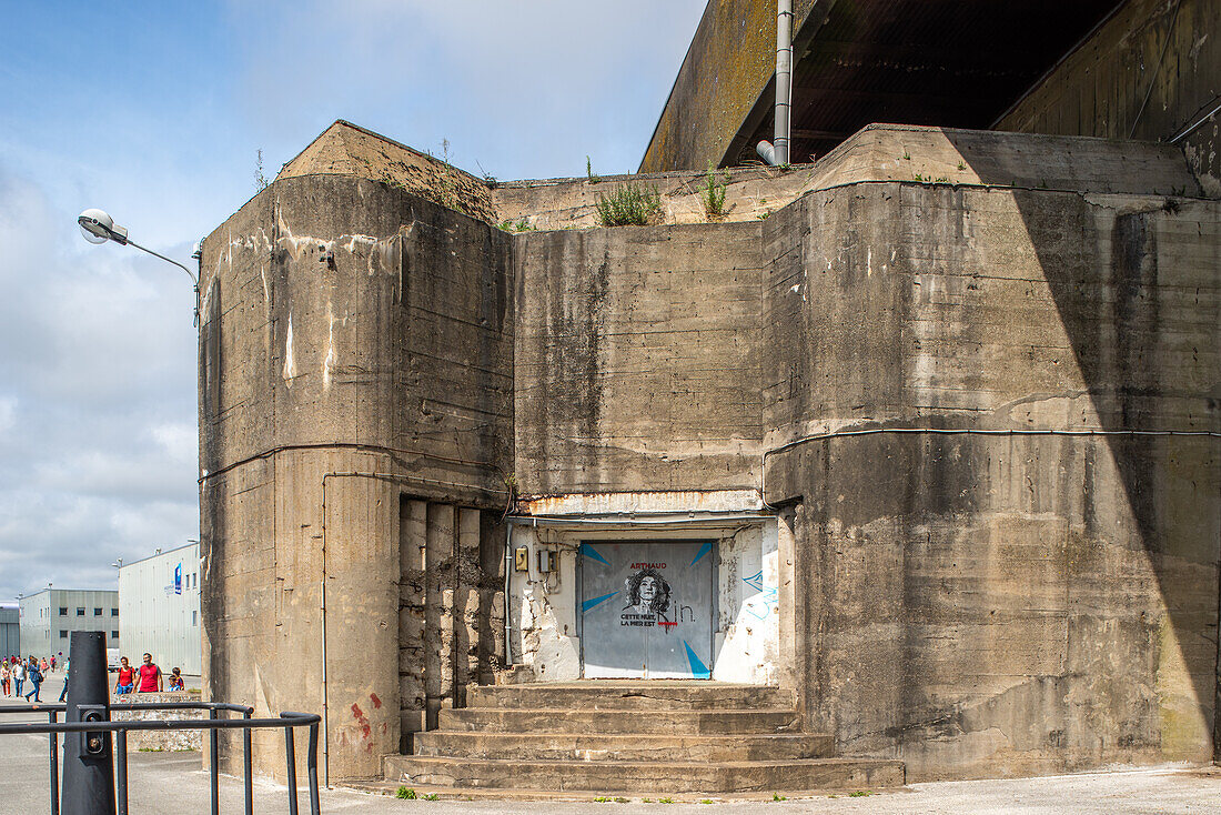 Historic World War II German submarine base located in Lorient, Brittany, France. A significant war relic from the 1940s.