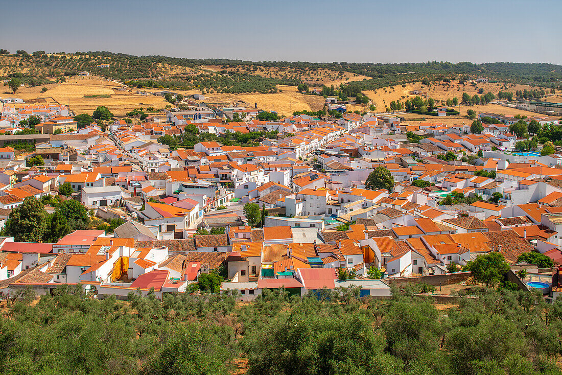 Panoramic view of Alanis de la Sierra, Sevilla, España from the castle, showcasing the town's beautiful landscape and charming architecture.