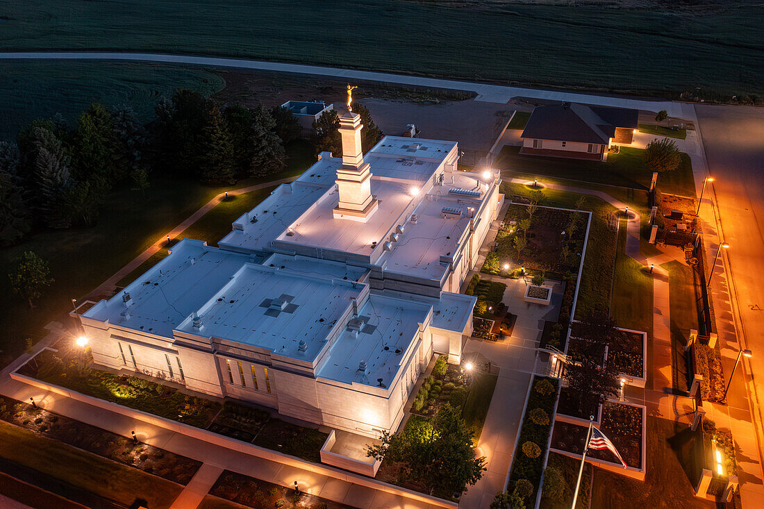 Aerial view of the Monticello Utah Temple of The Church of Jesus Christ of Latter-day Saints in Monticello, Utah.