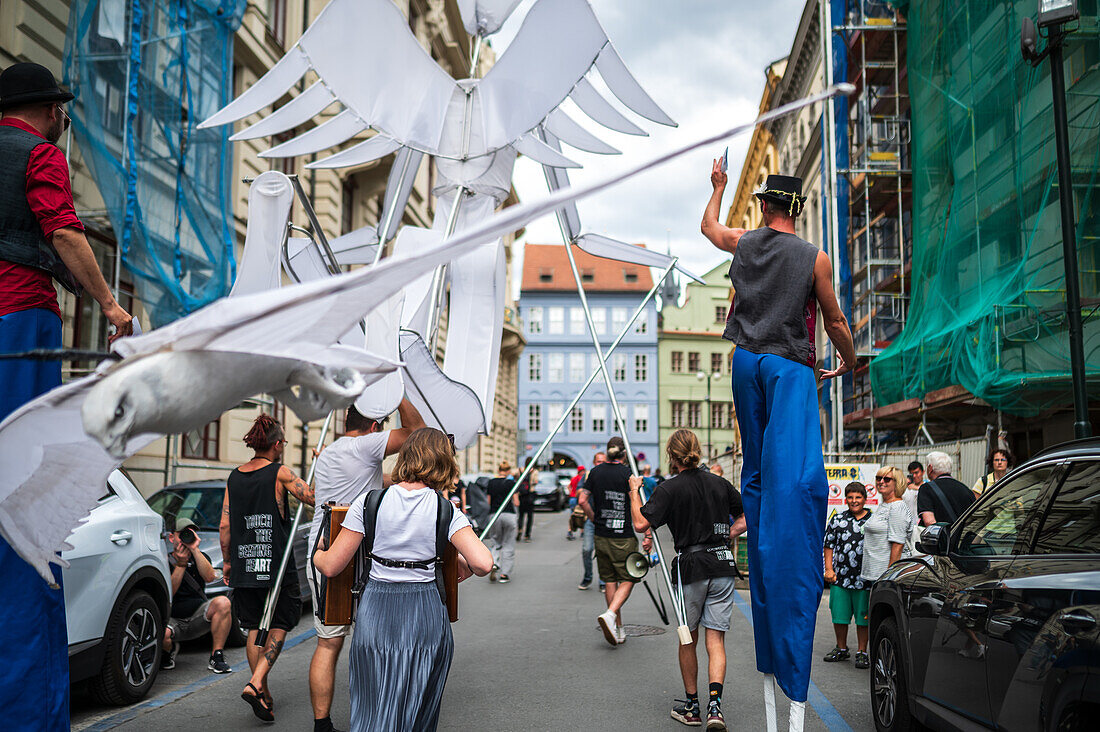 Parade of puppets from Marián Square to Old Town Square during the Prague Street Theatre Festival Behind the Door, Prague, Czech Republic