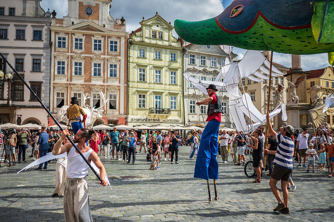 Parade of puppets from Marián Square to Old Town Square during the Prague Street Theatre Festival Behind the Door, Prague, Czech Republic