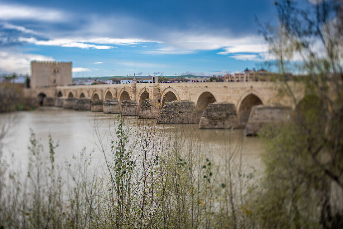 Tilt-shift photograph of the historic Puente Romano bridge over the river in Cordoba, Andalusia, Spain. Features ancient architecture and serene river scenery.