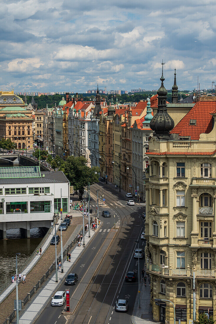 View of the city from the rooftop bar at The Dancing House, or Ginger and Fred (Tancící dum), is the nickname given to the Nationale-Nederlanden building on the Rašínovo nábreží in Prague, Czech Republic