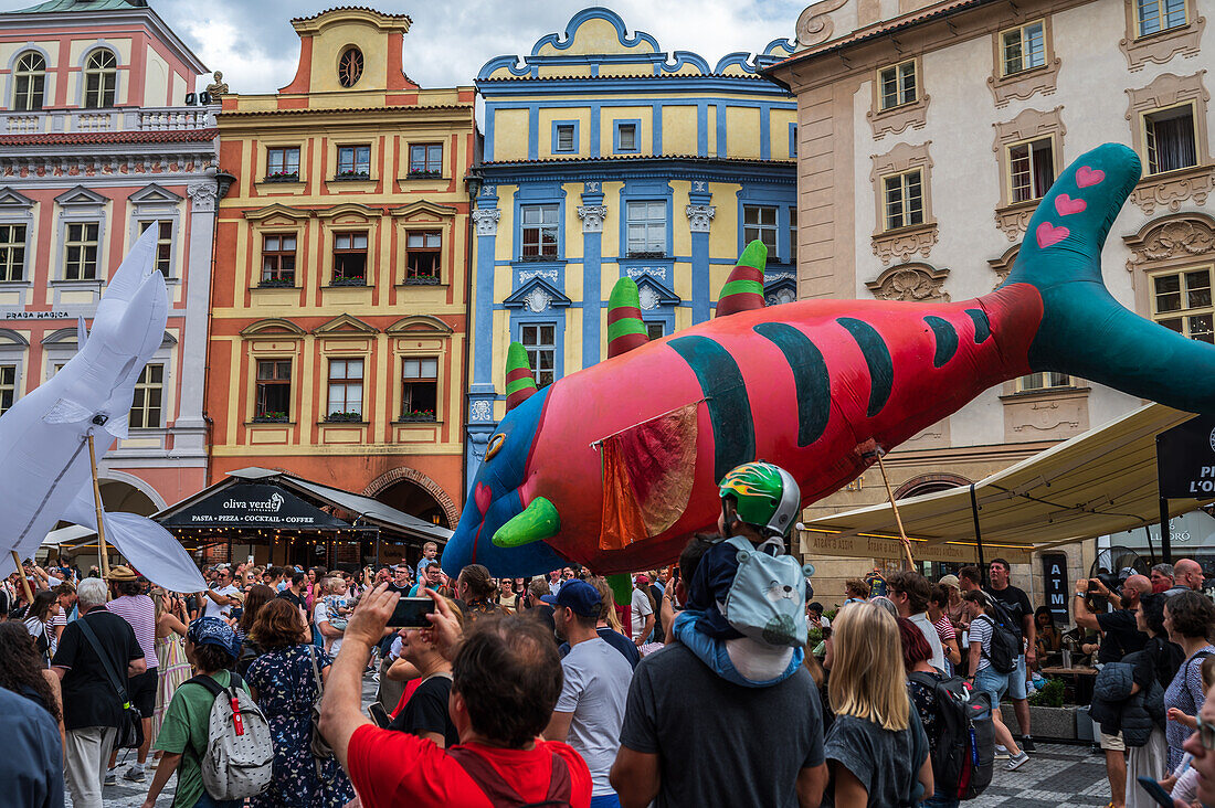 Parade of puppets from Marián Square to Old Town Square during the Prague Street Theatre Festival Behind the Door, Prague, Czech Republic