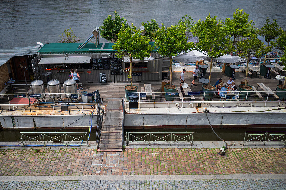 Floating restaurants on Vltava river, Prague, Czech Republic