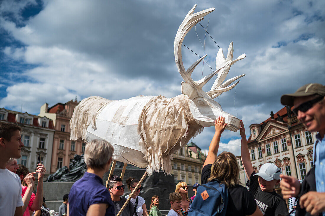 Parade of puppets from Marián Square to Old Town Square during the Prague Street Theatre Festival Behind the Door, Prague, Czech Republic