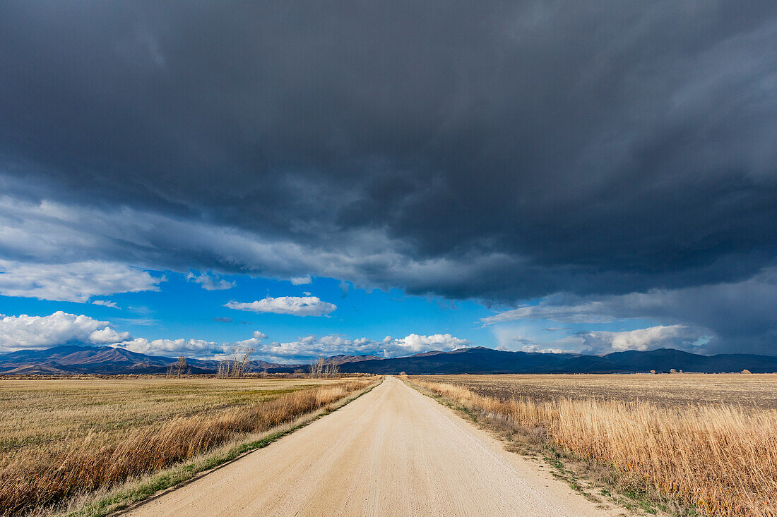 Dark storm clouds over dirt road crossing field