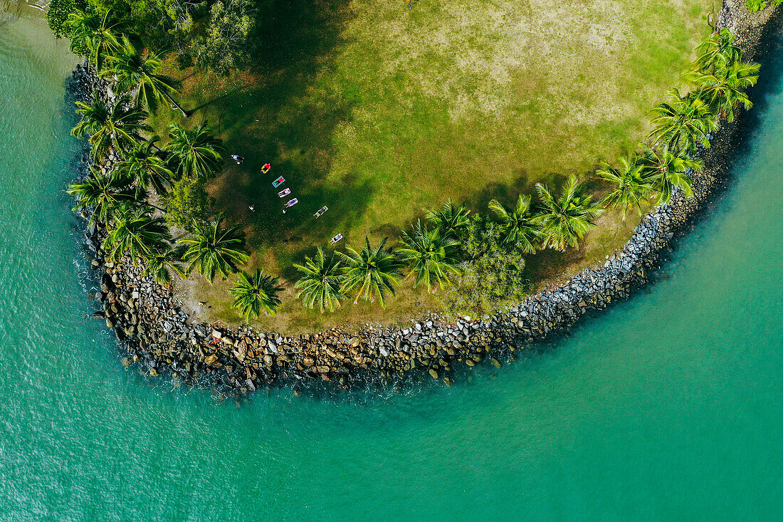 Drone view of tropical island and turquoise sea