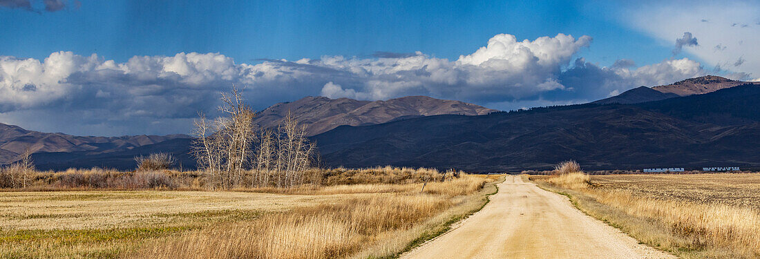 Empty dirt road leading to foothills under stormy skies