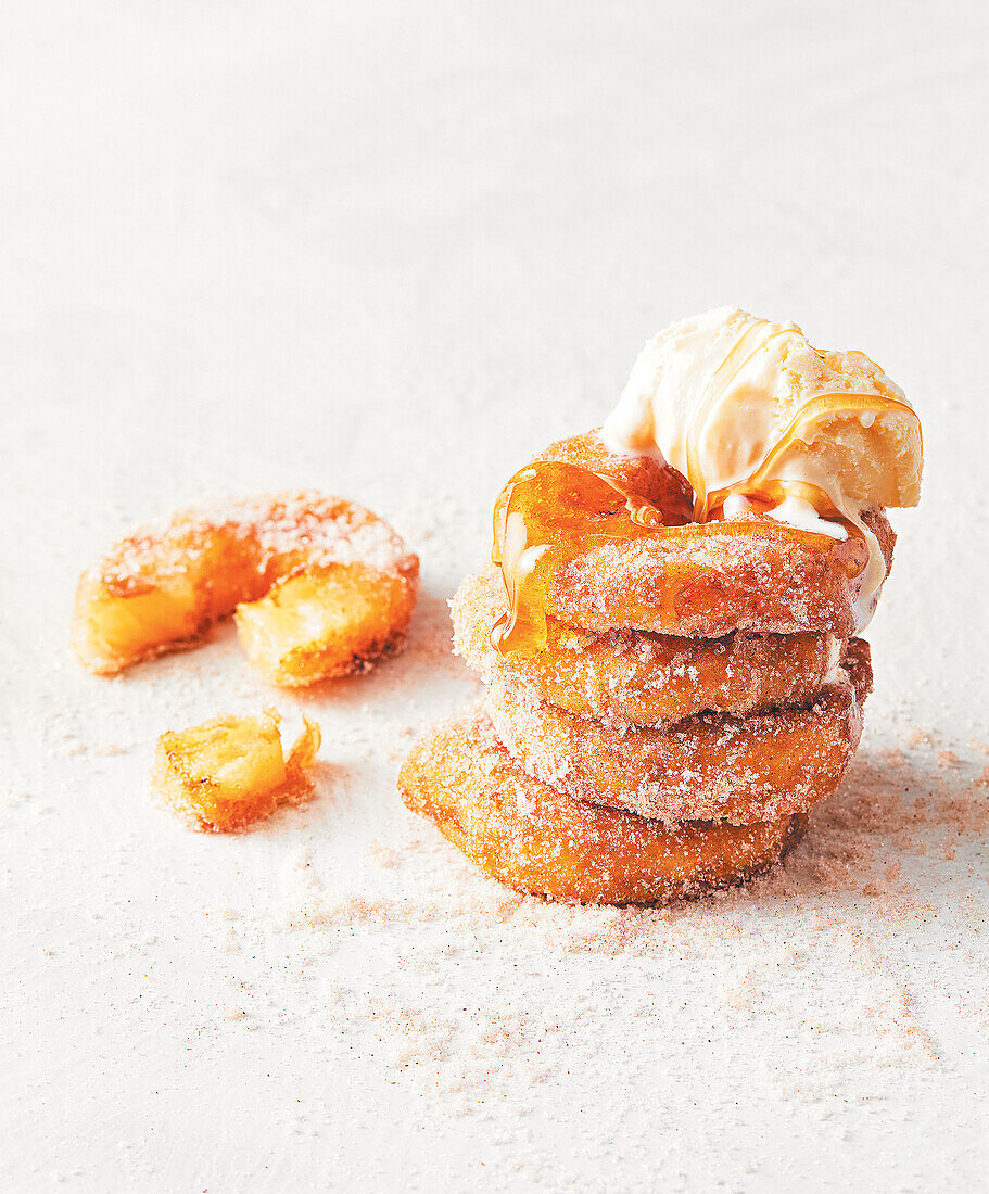 Pineapple donuts with vanilla ice cream and caramel sauce