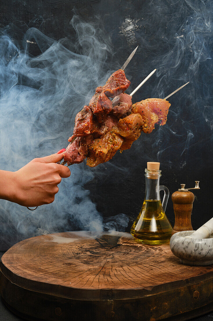 Various marinated meat skewers for grilling