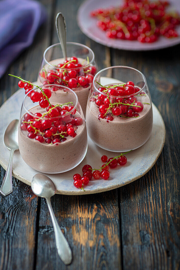 Joghurt-Kakao-Dessert mit roten Johannisbeeren