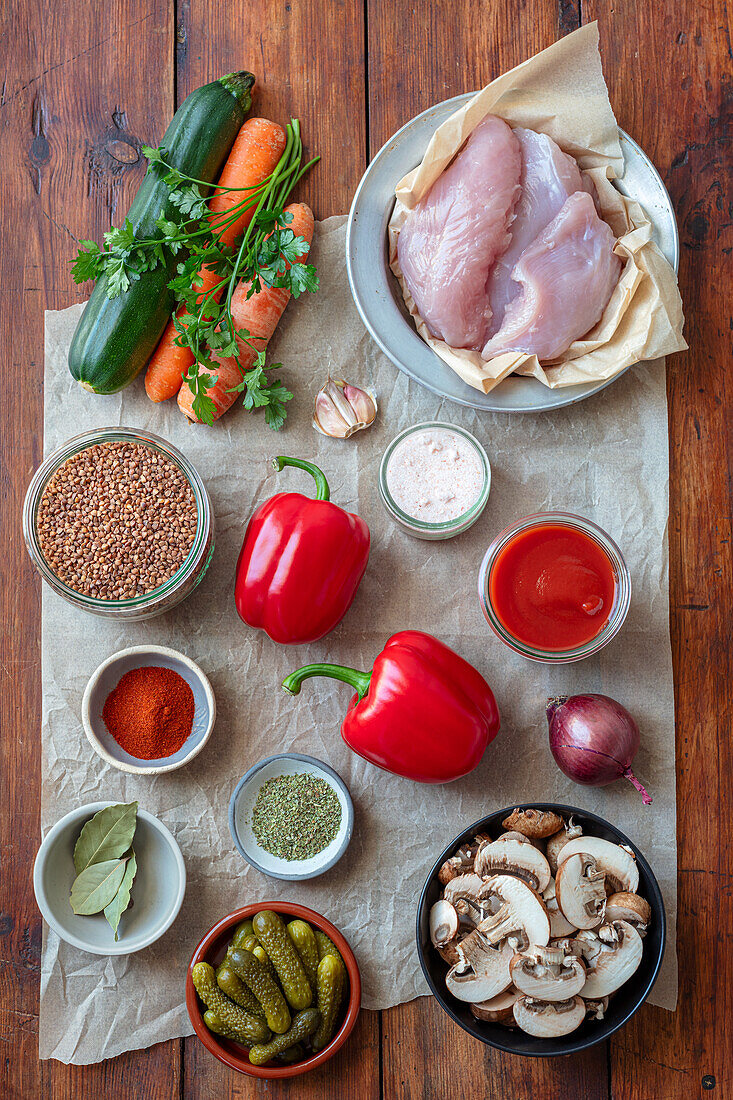 Ingredients for turkey goulash with vegetables and buckwheat