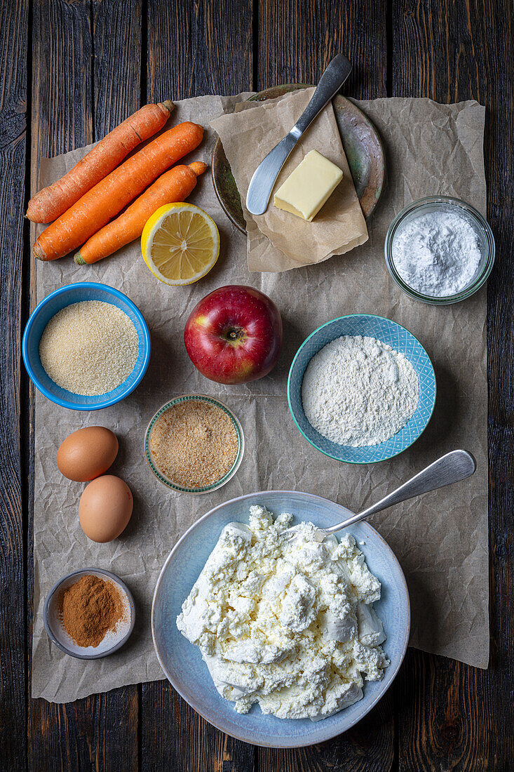 Ingredients for curd cheese dumplings (Leniwe) with carrot and apple salad