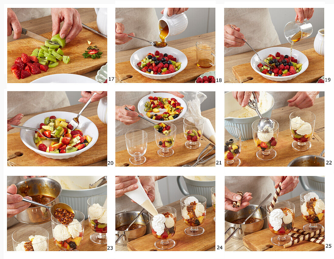 Prepare sundaes with hazelnut sauce and fruit