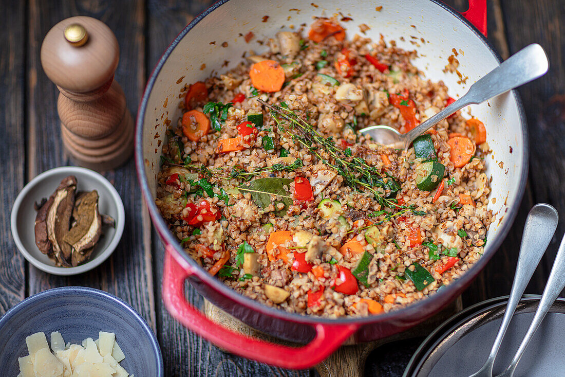 Buckwheat with vegetables and bacon