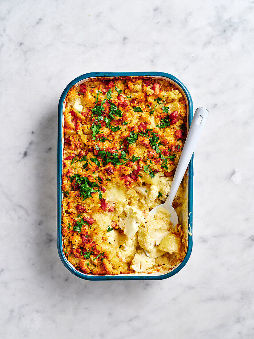 Cauliflower and potato casserole with parmesan and bacon