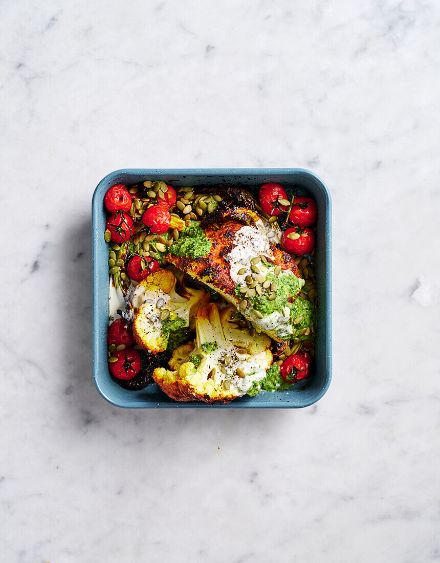 Harissa cauliflower with chimichurri and cherry tomatoes