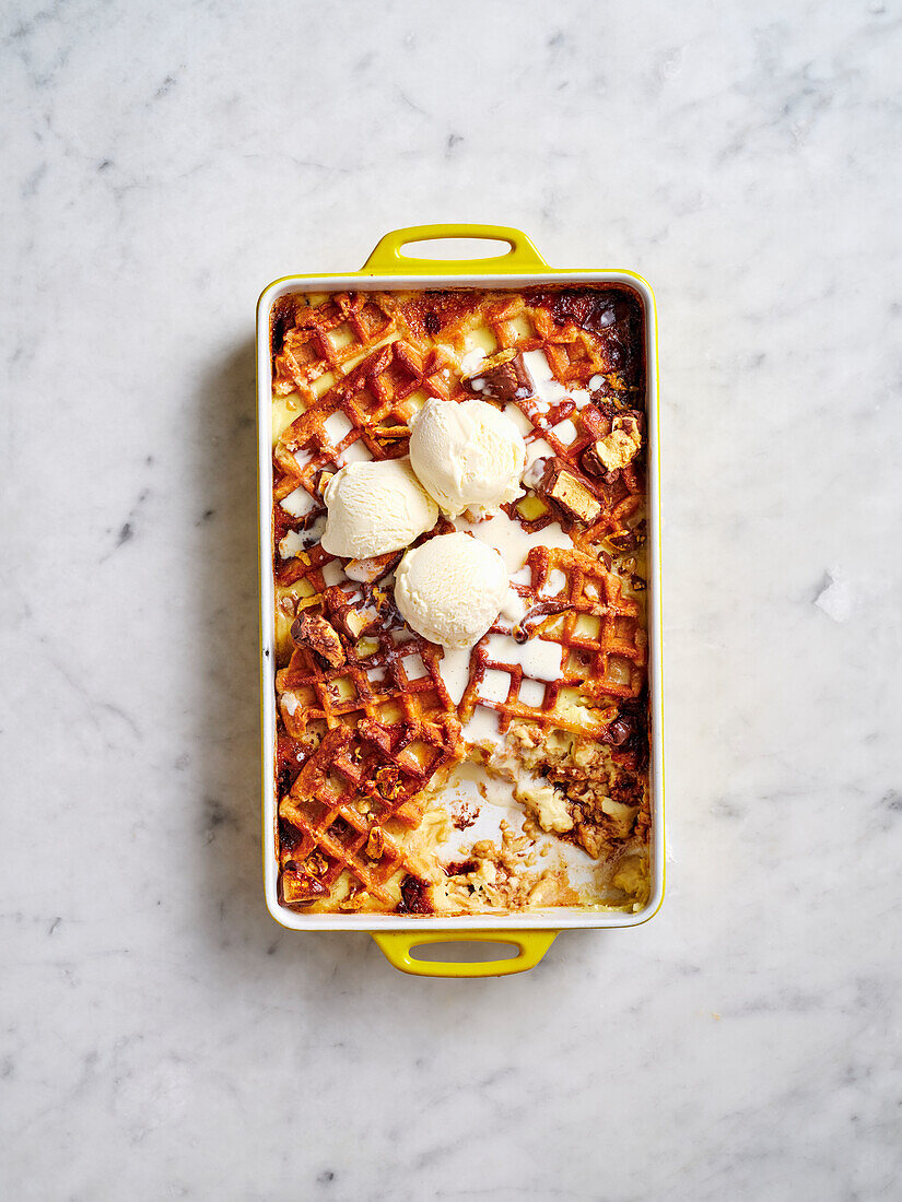 Waffle casserole with honeycomb cream and vanilla ice cream