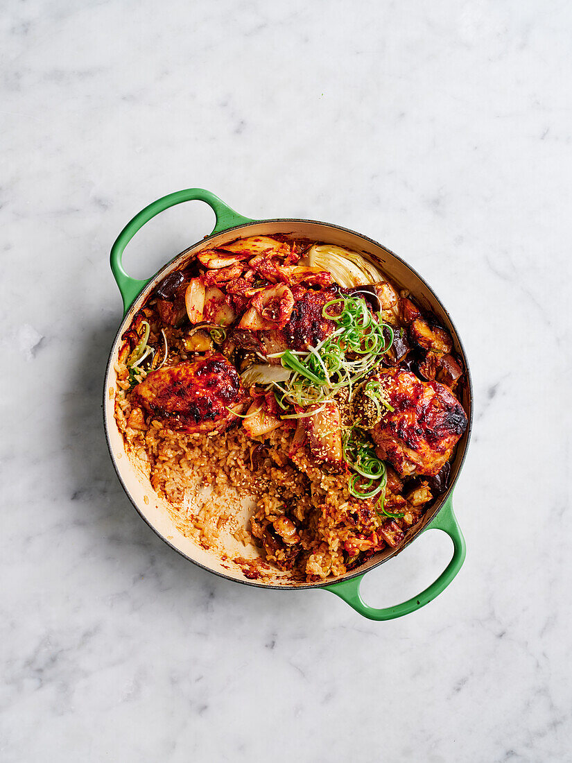 Korean oven chicken with rice and kimchi