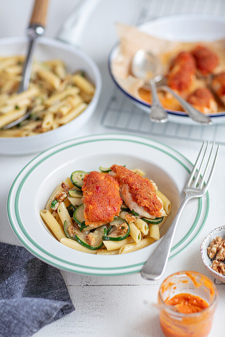 Chicken with red pesto crust on penne