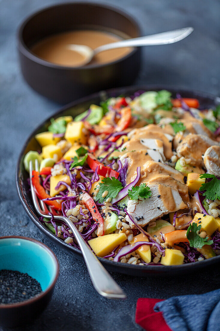 Raw vegetable salad with chicken, barley, mango and peanut dressing