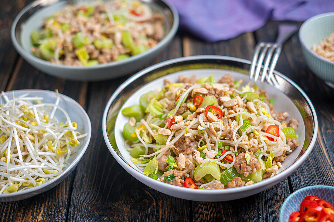 Chicken with tahini, celery and soy noodles