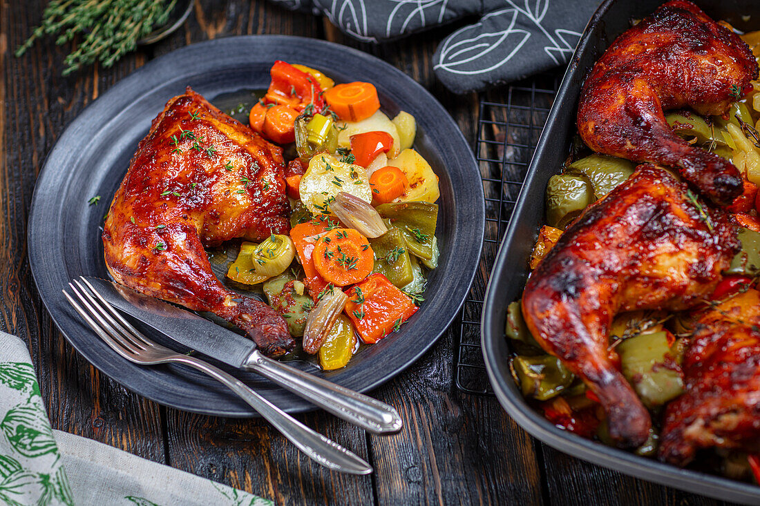 Baked chicken drumsticks with vegetables