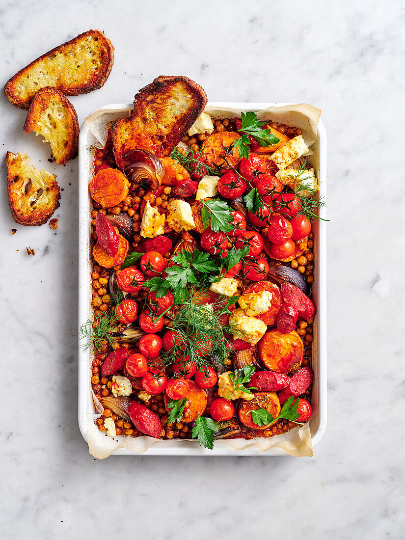 Süßkartoffeln mit Chorizo, Gemüse und Feta aus dem Ofen