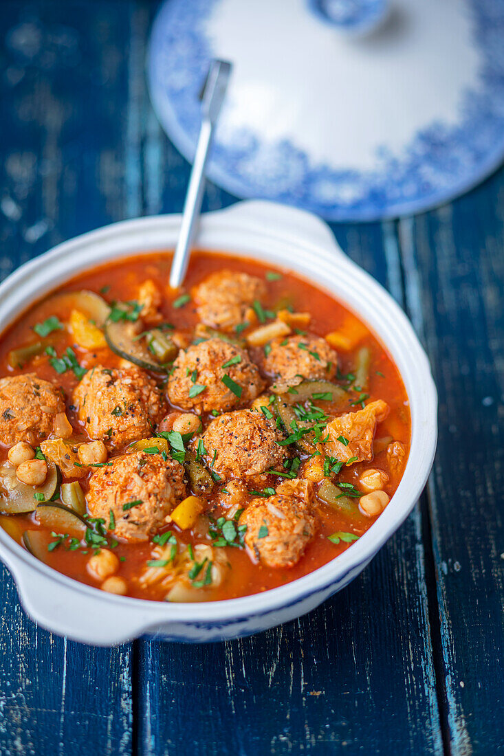 Red minestrone with meatballs